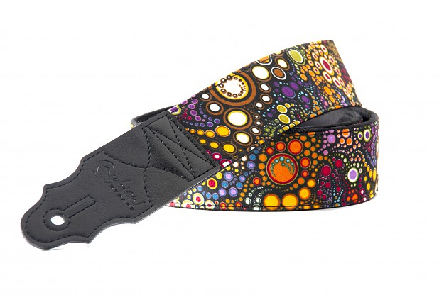 AQUARIUS model. Guitar and bass strap made of 5 cm wide, non-slip technical microfiber on the inside, low density latex padding 2 mm thick, decorated with colorful fabric.